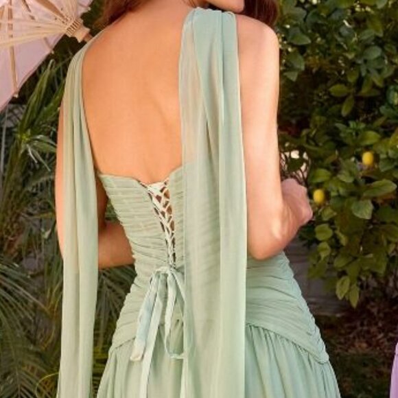 New Strapless Burgundy Bridesmaid Dress w/ Pleated Draping & Corset Bodice CD395 - Picture 6 of 10